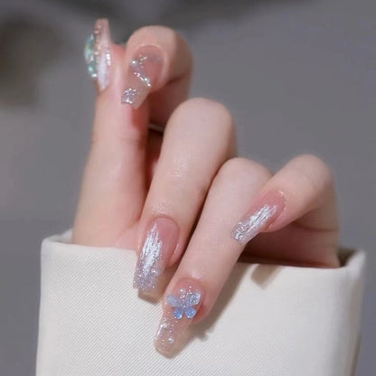24Pcs Pink Ballet False Nails Long Coffin with Rhinestone Love Heart Wearable Fake Nails Full Cover Press on Nails Tips Glitter