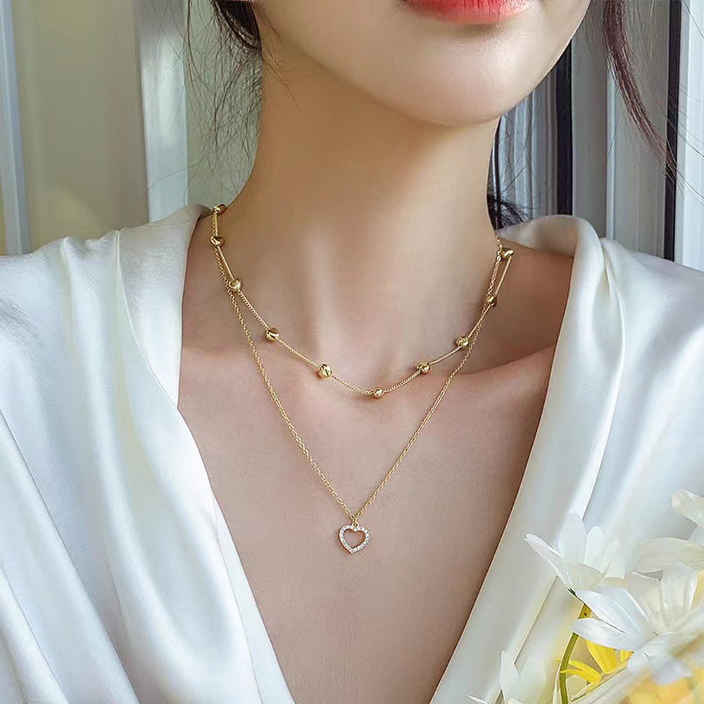 New Fashion Kpop Pearl Choker Necklace Cute Double Layer Chain Pendant For Women Jewelry Girl Gift