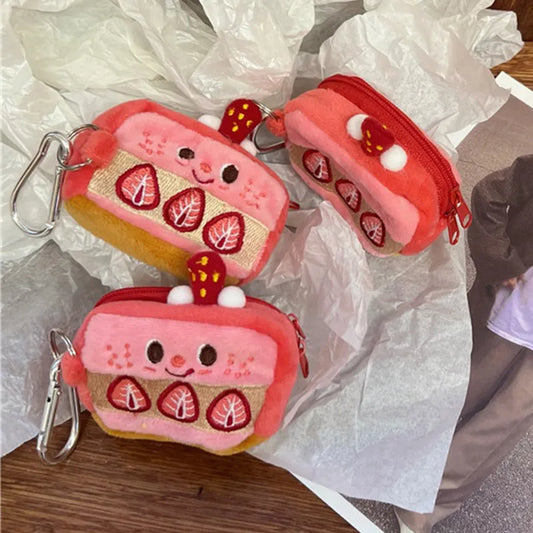 Strawberry Cake Lovely Earphone Case Pouch Plush Cartoon Cute Coin Purse Zipper Storage Bag Embroidery Pouch Keychain Pendant