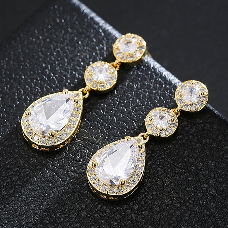 Luxury Zircon Wedding Long Dangle Earrings with Round Water Drop Elegant CZ Earrings for Women Bridal Wedding Jewelry Dress