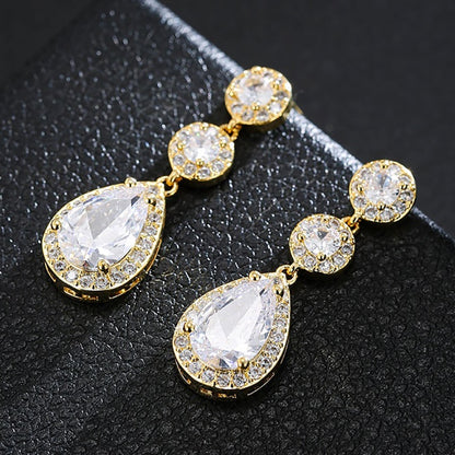 Luxury Zircon Wedding Long Dangle Earrings with Round Water Drop Elegant CZ Earrings for Women Bridal Wedding Jewelry Dress