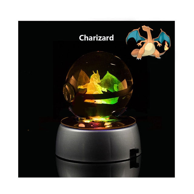 Pokémon Crystal Poké Ball: Pikachu Charizard Eevee Mew Mewtwo Bulbasaur Squirtle Jolteon Charmander Snorlax Dragonite LED Night Light Base Display Model Gift