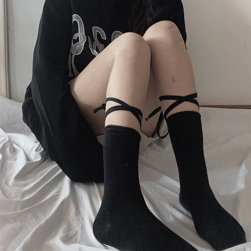 Jk Tie Lace Fishnet Stockings Irregular Split-toe Calf Socks Women's Middle Tube Socks Straps Summer Long Japanese Socks