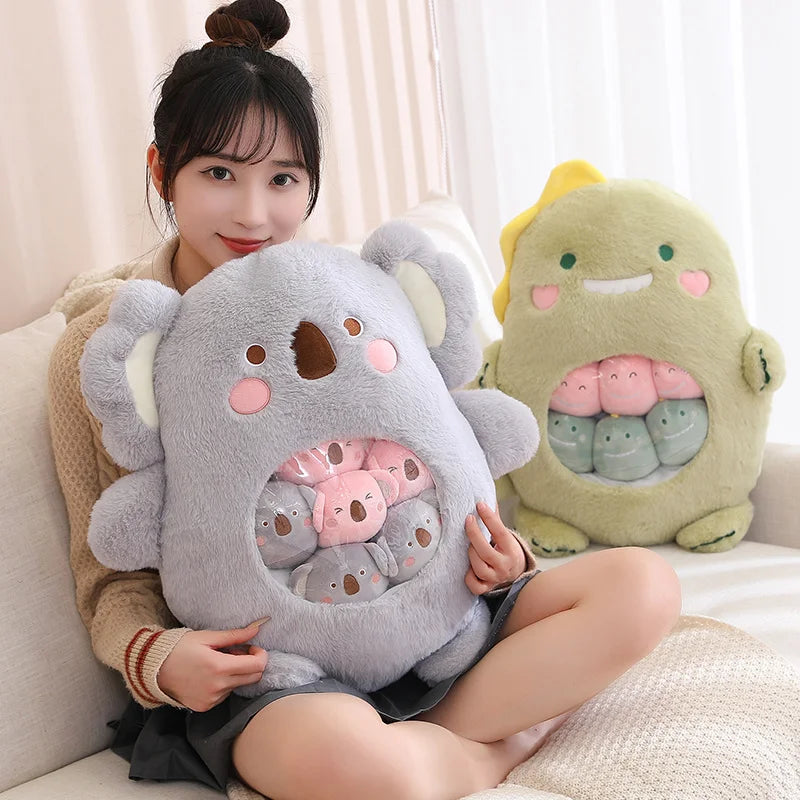 6Pcs Small Toys Inside Cute Cartoon Animals Plush Pillow Soft Stuffed Sofa Cushion Homdecor Pillow