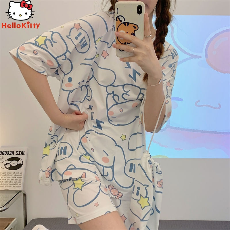 Cinnamoroll Kuromi Pajamas Sanrio Anime Kawaii Summer Simple Fashion Delicate Cute Casual Loose Comfortable Soft Girly Set