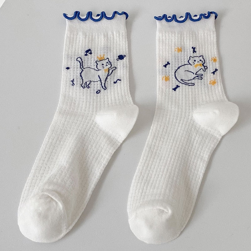 Ladies Cartoon Socks Summer Thin Mesh Tube Socks White Cute Japanese Cute Cat Socks