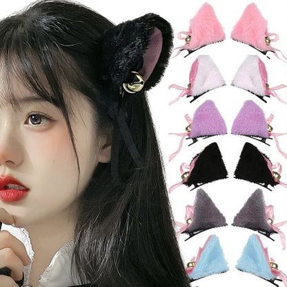 2pcs Cat Ears With Bell Hair Clip Fox Long Fur Hairpins Headwear Cosplay Anime Costume Halloween Party Gifts Hair Accessories