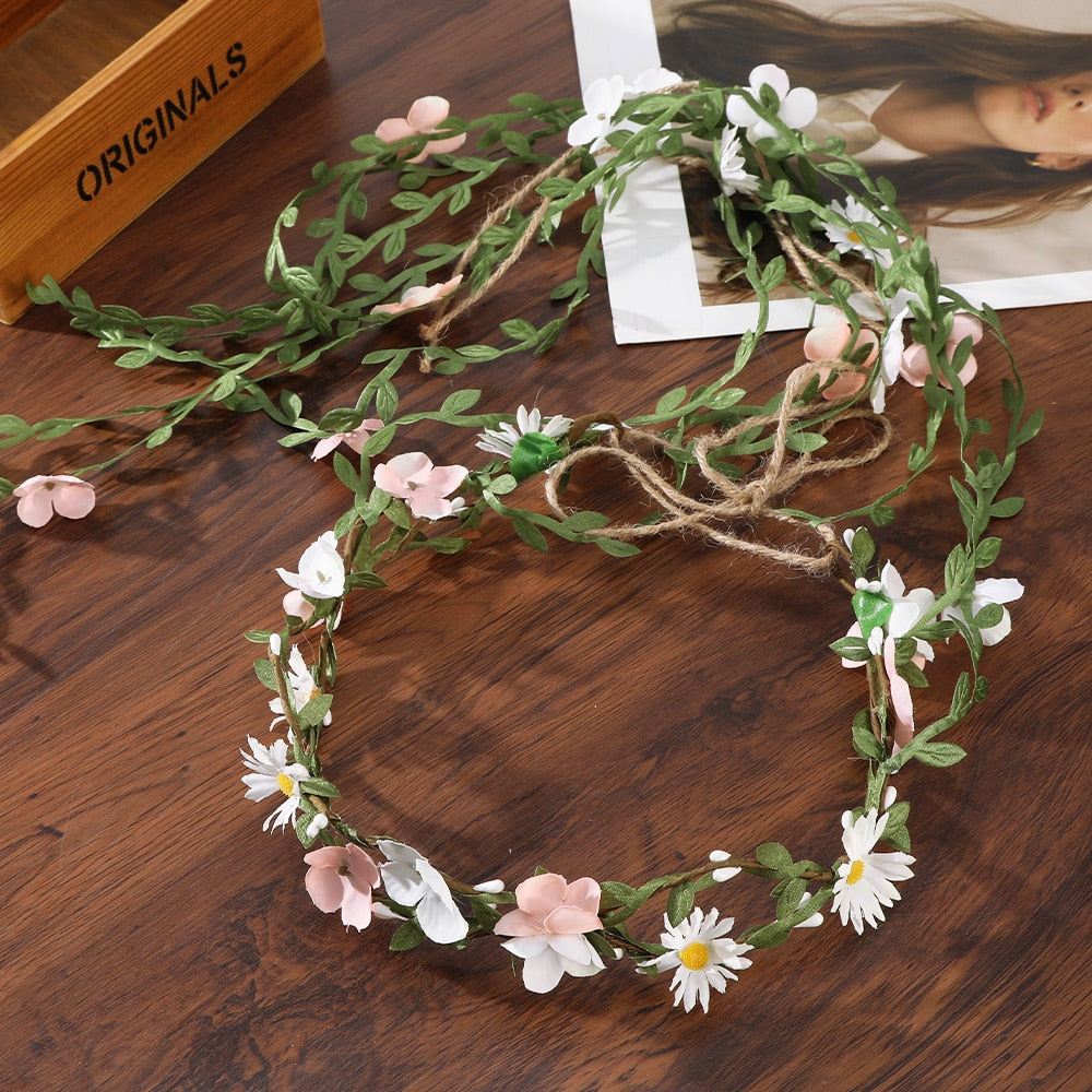 Bohemian Rattan Flower Vines Crown Headband for Bride Wedding Hair Accessories Girls Floral Wreath Head Band Hairstyles Headdres