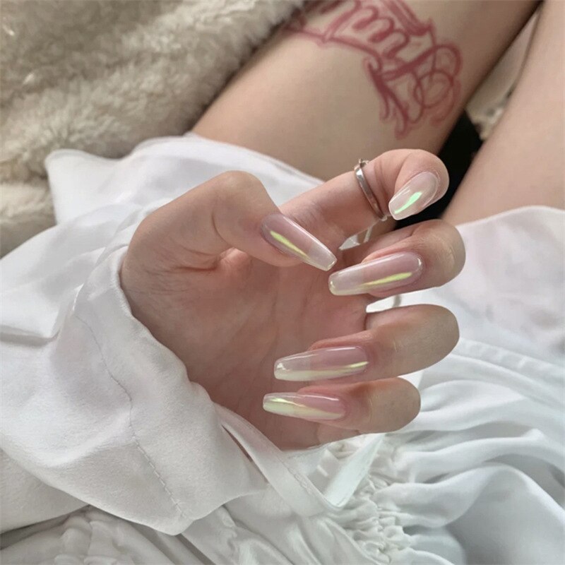 24pcs pink clouds design false nails with glue press on nails medium length acrylic nails coffin full cover nails tips supplies