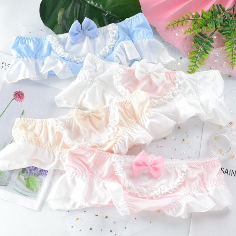 4XL Large Size Women Milk Silk Cute Lovely Sweety Princess Style Lolita Bow Ruffles Panties Elasticity Candy Colors Underwear