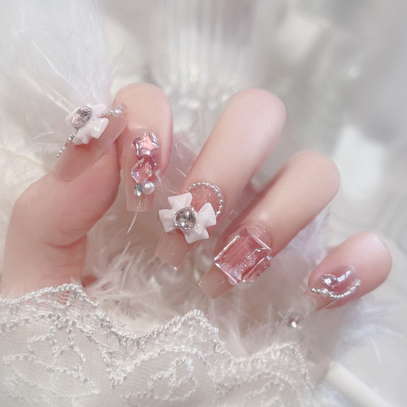 24Pcs Pink Ballet False Nails Long Coffin with Rhinestone Love Heart Wearable Fake Nails Full Cover Press on Nails Tips Glitter