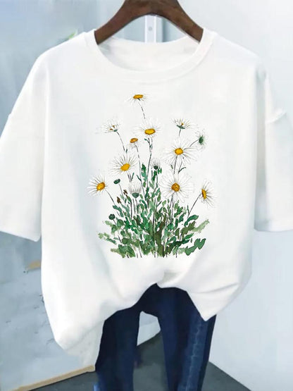 Flower Print Fashion Plant Trend Lovely Style Short Sleeve Women Graphic Tee Summer T Clothing Female Clothes Casual T-shirts