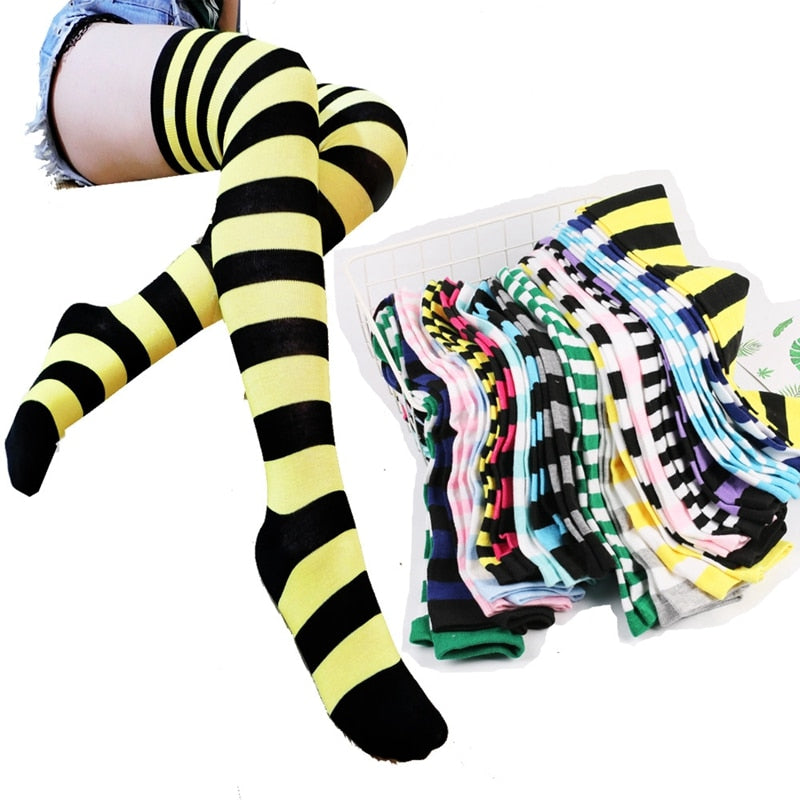 Women Thigh High Over The Knee Socks For Ladies Black White Striped Hosiery Long Cotton Stockings Knitted Warm Soks