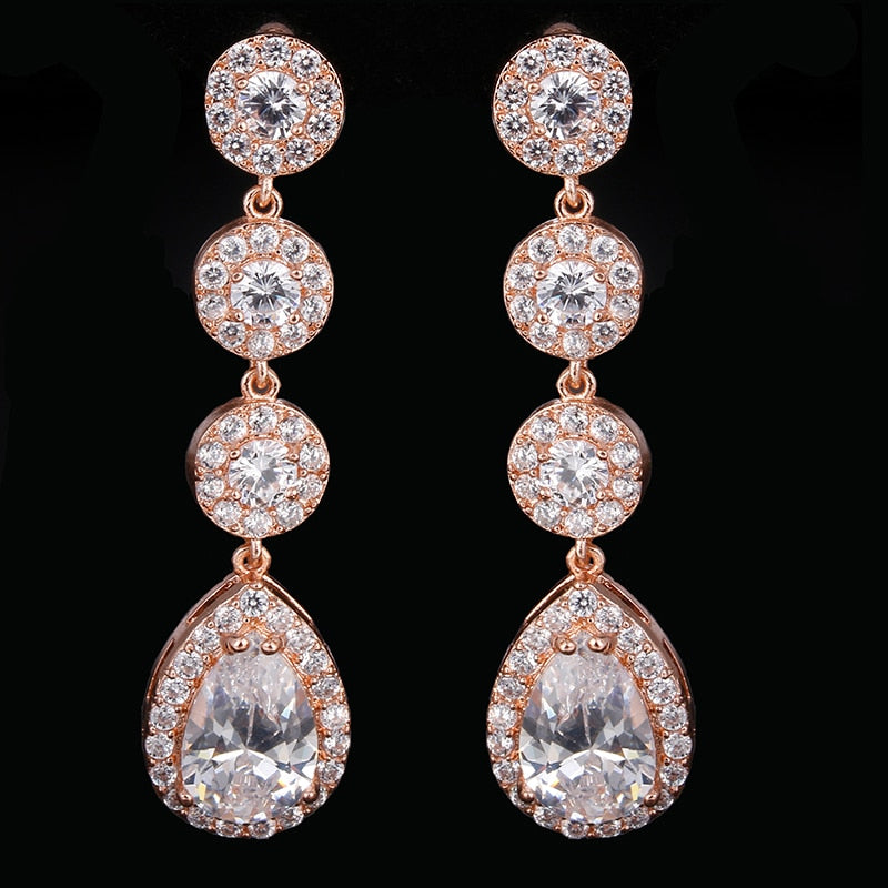 Luxury Zircon Wedding Long Dangle Earrings with Round Water Drop Elegant CZ Earrings for Women Bridal Wedding Jewelry Dress