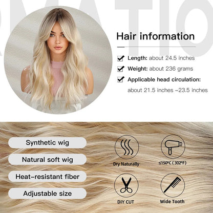 oneNonly Blonde Wig with Bangs Long Wave Good Quality Synthetic Wigs for Women Halloween Party Natural Heat Resistant Hair
