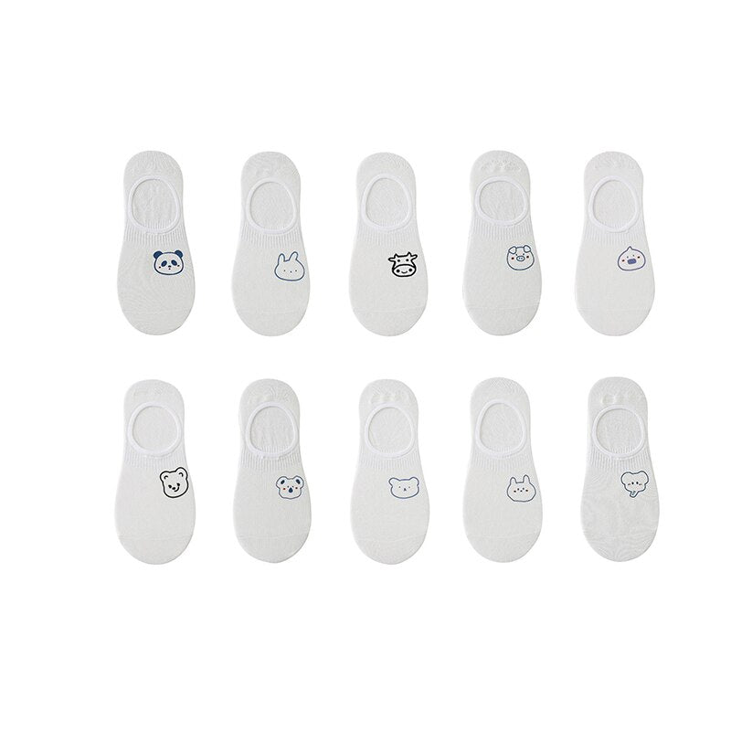 Women's cotton ankle socks, socks designed by rabbits, cows, hearts, warm and informal animals, 5 pairs of 10 pieces