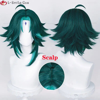 Game Genshin Impact Cosplay Xiao Wig 40cm Short Green Hair With Stickers Ring Heat Resistant Synthetic Party Wigs + Wig Cap