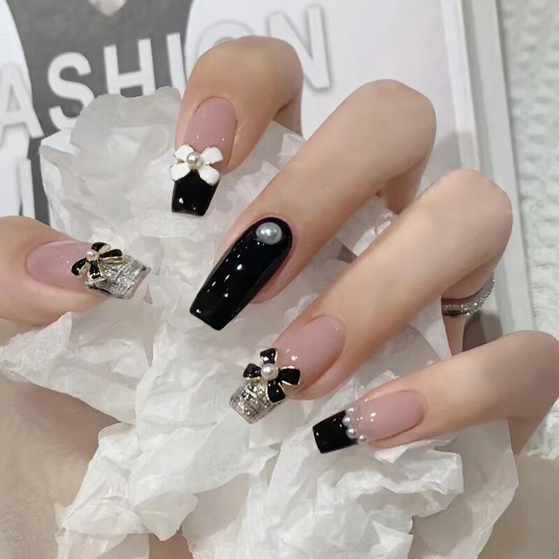 24Pcs Pink Ballet False Nails Long Coffin with Rhinestone Love Heart Wearable Fake Nails Full Cover Press on Nails Tips Glitter