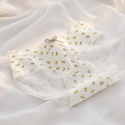 M-XL Women's Cotton Underwear Girls' Cute Flower Briefs Mid Waist Seamless Underpants Lace Panties Female Lingerie