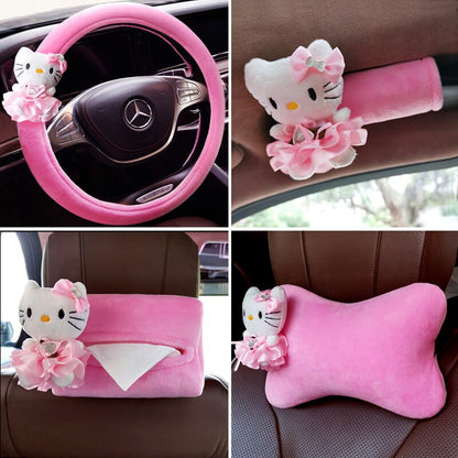 Kawaii Sanrio Anime Kt Cat Hello Kitty Plush Steering Wheel Cover Car Accessories Headrest Pillow Lumbar Pillow Plushie Seatbelt Cover Gift