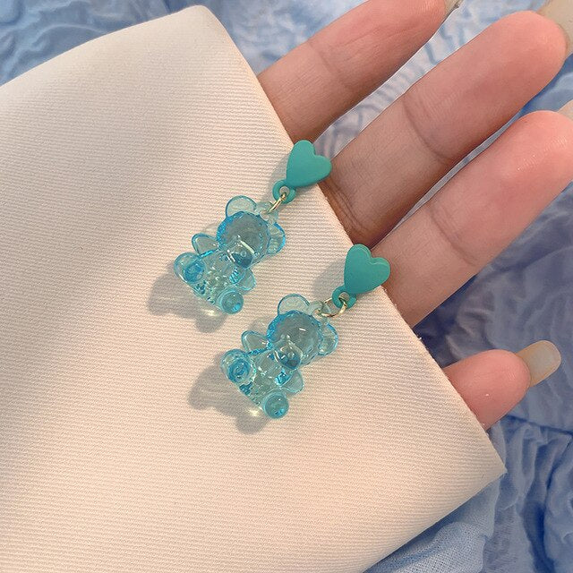 Cute Acrylic Candy Gummy Bear Dangle Earrings for Women Rainbow Bear CZ Hoop Earrings Korean Fashion Sweet Girl Jewelry