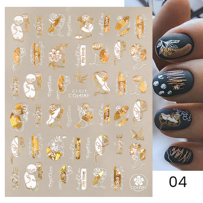 Harunouta Simple Flowers 3D Nail Stickers Gold Heart French Tip Lines Leopard Print Design Adhesive Sliders Manicure Nail Decals