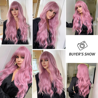 oneNonly Long Pink Wig with Bangs Natural Wave Heat Resistant Wavy Hair Synthetic Wigs for Women Lolita Cosplay