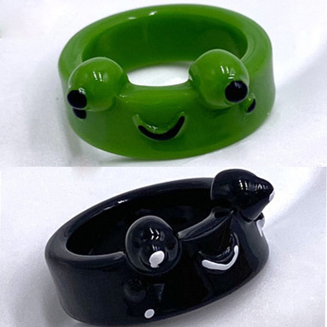 2Pc Cute Frog Rings Lover Polymer Clay Resin Acrylic Rings for Women Girls Couple Travel Ring Summer Fashion Animal Jewelry Gift
