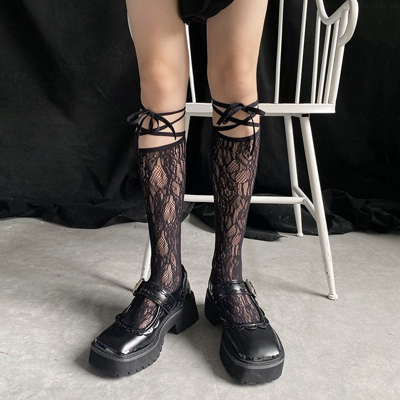 Jk Tie Lace Fishnet Stockings Irregular Split-toe Calf Socks Women's Middle Tube Socks Straps Summer Long Japanese Socks