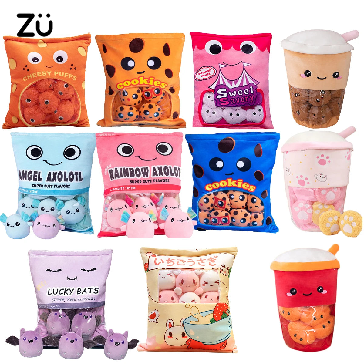 Bag of Snacks Plush Pillow Cookies Puffs Plushie Toy Kids Child Birthday Christmas Gift Stuffed Animal Koala Axolotl Hug Pillow