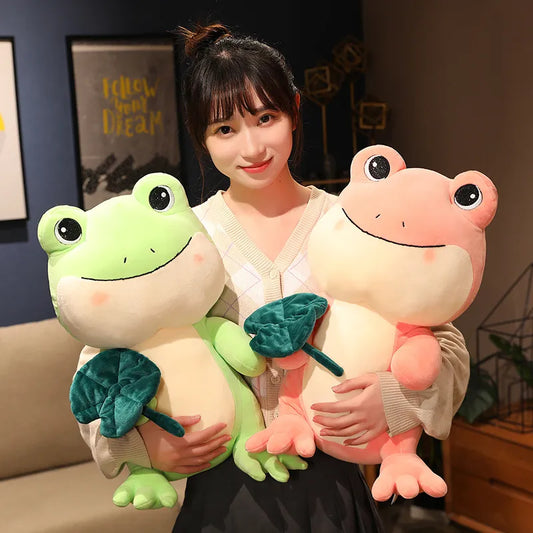 25-45cm Green Pink Frog With Lotus Leaf Plush Toys Cartoon Animal Doll Stuffed Soft Pillow