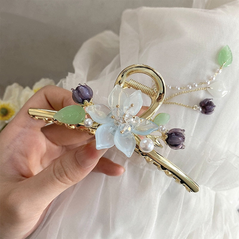 New Classical Orchid Pearl Tassel Grab Clip Ladies Ponytail Clip Flower Shark Clip Girl Elegant Headwear Accessories