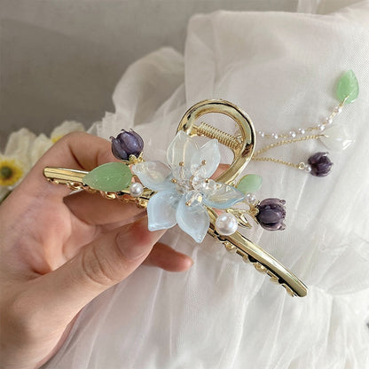 New Classical Orchid Pearl Tassel Grab Clip Ladies Ponytail Clip Flower Shark Clip Girl Elegant Headwear Accessories