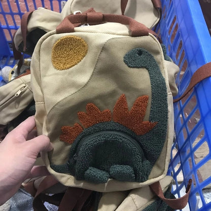 New Embroidery Sun Long Neck Small Dinosaur Backpack Hook Hair Embroidered Cartoon Canvas Kindergarten Children Backpack