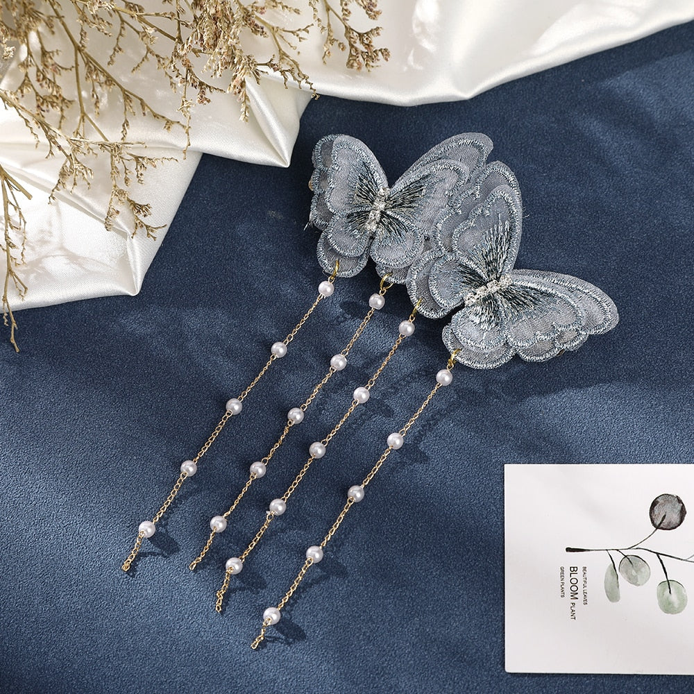 Butterfly Hairpins New Korean Yarn Elegant Metal Tassel Long Hair Clips For Women Hanfu Antique Party Hair Accessories