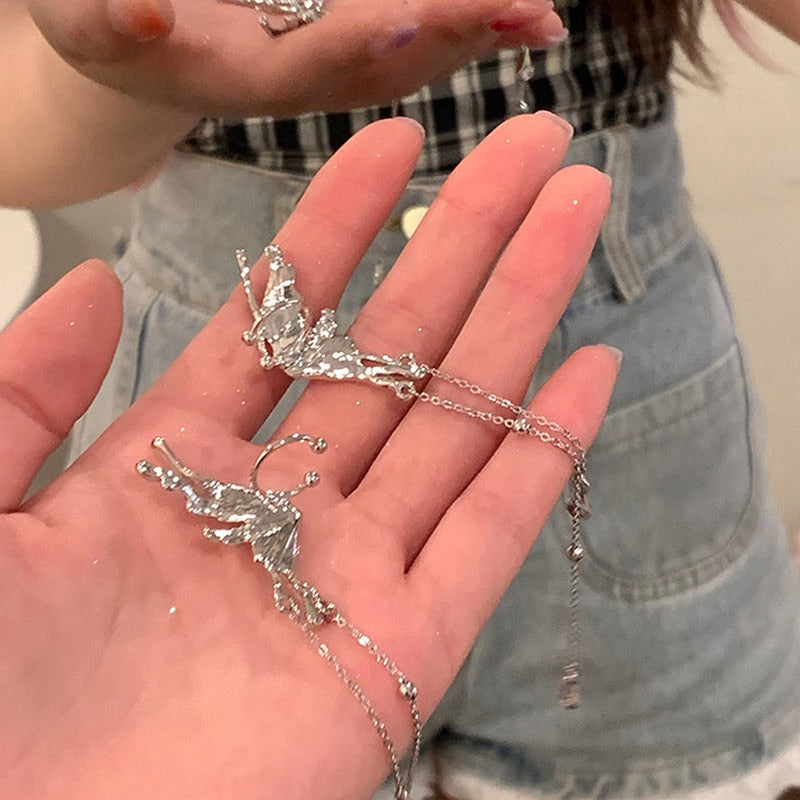 Y2K Fairy Butterfly Tassel Ear Clips Angel Ear Bone Clip Earring Elf Female No Ear Hole Ear Cuff Hanging Earring Fashion Jewelry
