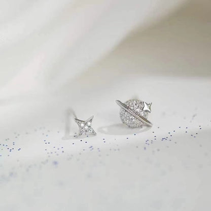 Simple Piercing Stud Earrings for Women Star Moon Zircon 925 Silver Needles Tragus Cartilage Asymmetry Pendiente Plata Jewelry
