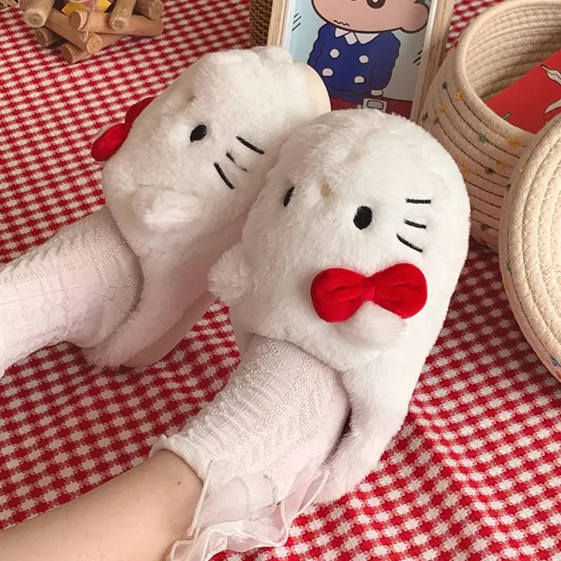 Hello Kitty Sanrio Plush Slippers Kawaii Cute Student Autumn Winter Bedroom Soft Padded Plush Shoes Toys Girls Christmas Gifts