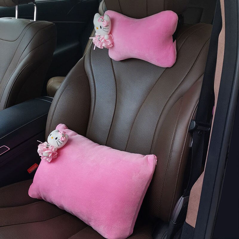 Kawaii Sanrio Anime Kt Cat Hello Kitty Plush Steering Wheel Cover Car Accessories Headrest Pillow Lumbar Pillow Plushie Seatbelt Cover Gift