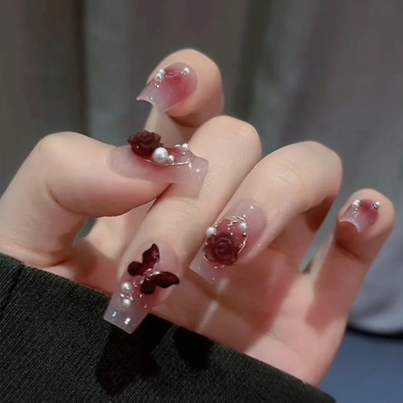 24pcs Wearable Pink Press On Fake Nails Tips With Glue false nails design Butterfly Lovely Girl false nails With Wearing Tools