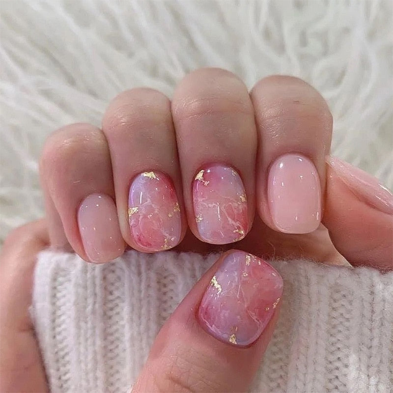 24pcs pink clouds design false nails with glue press on nails medium length acrylic nails coffin full cover nails tips supplies