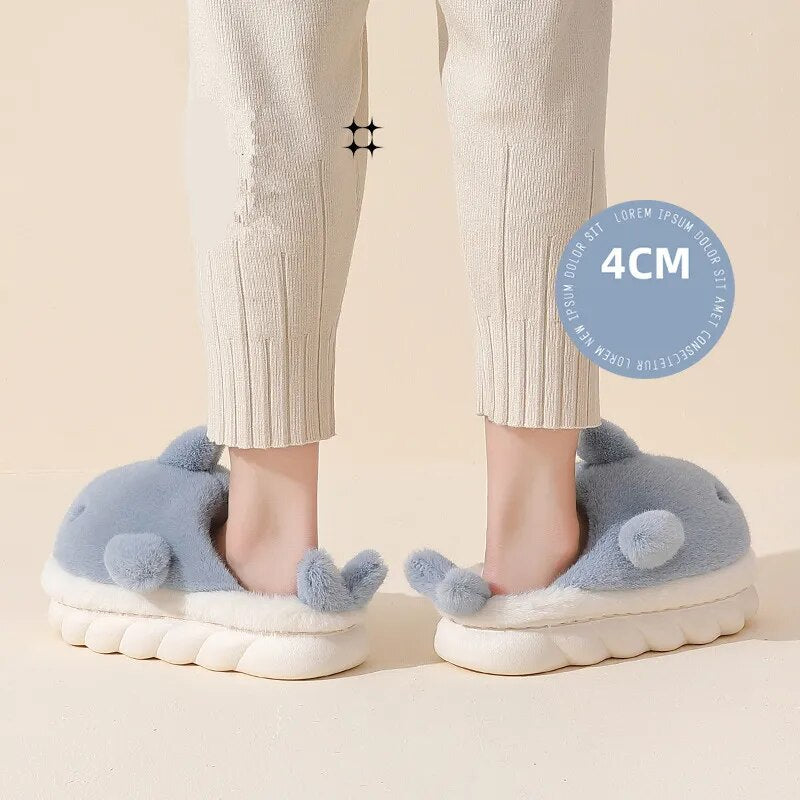 Funny Animal Shark Cotton Slippers Women's Thick Soles Home Slipper Winter New Warm Non Slip Lovely Plush Couple Slippers