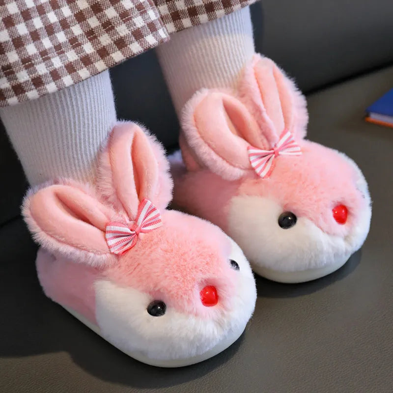 Children Winter Thick Slippers Kids Cotton-padded Shoes Baby Indoor Warm Slippers Girls Cute Cartoon Rabbit Animal Shoes Slides