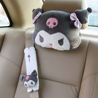 Cute Sanrio Kuromi My Melody Car Seat Pillow Plushie Pink Car Headrest Neck Pillow And Seat Belt Cartoon Stuffed Animal Plush Head Cushion Neck Support