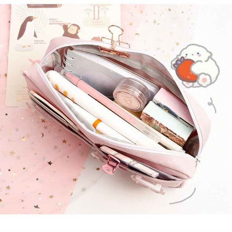 Kawaii Purple Canvas Pencil Case Cute Animal Badge Pink Pencilcases Large School Pencil Bags For Maiden Girl Stationery Supplies