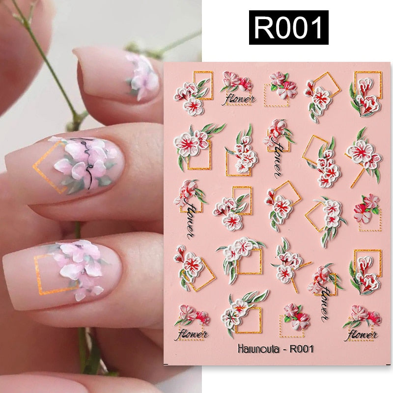 Harunouta Simple Flowers 3D Nail Stickers Gold Heart French Tip Lines Leopard Print Design Adhesive Sliders Manicure Nail Decals