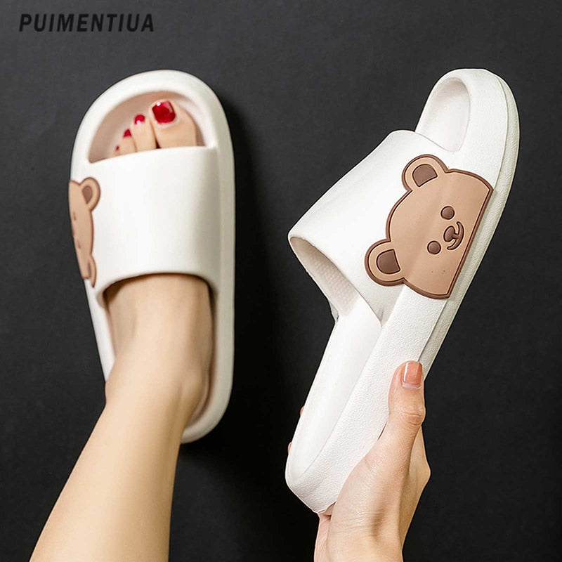 Women Slippers Beach Slides Cartoon Bear Flip Flops Men's Thick Sole Indoor Bathroom Anti-Slip Shoes Summer Couple Sandals