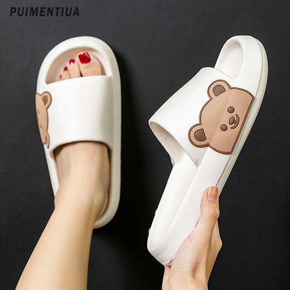 Women Slippers Beach Slides Cartoon Bear Flip Flops Men's Thick Sole Indoor Bathroom Anti-Slip Shoes Summer Couple Sandals