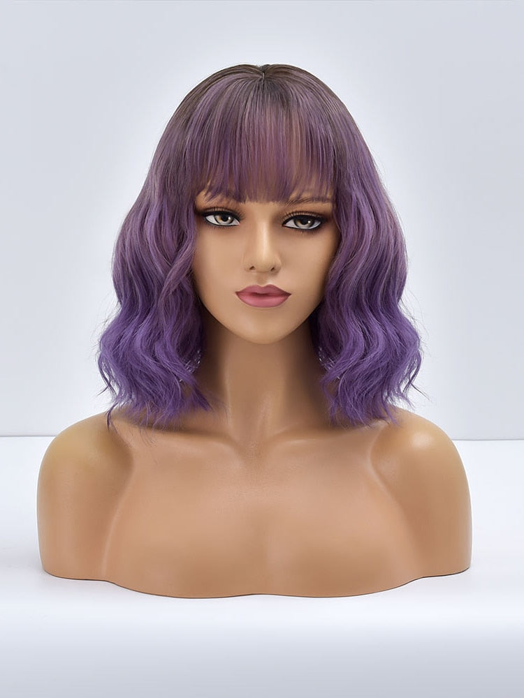 Purple Ombre Short Bob Body Wave Synthetic Wigs For Women Cosplay Wig With Bangs White Synthet Natural Hair Lolita Pelucas Nарик