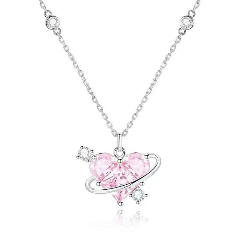 Fashion Pink Planet Heart Zircon Necklace Women Charm Aesthetic Clavicle Chain Necklace Valentines Day Gift Party Jewelry
